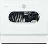 A white countertop dishwasher is shown from the front, with the door open to reveal dishes inside. Produktbild-Vorschau