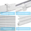 A collage of four close-up images showing different features of a white pleated blind. Produktbild-Vorschau