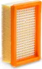 A rectangular air filter with an orange plastic frame and a pleated yellow filter material. Produktbild-Vorschau