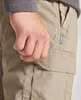 A close-up shot of a person's hand resting on khaki cargo pants. Produktbild-Vorschau
