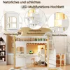 A loft bed with a desk and storage, featuring various design elements highlighted with text overlays. Produktbild-Vorschau