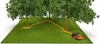 A robotic lawnmower connected by a yellow hose to a sprinkler system under fruit trees. Produktbild-Vorschau