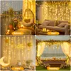 Collage of four scenes showing LED string lights used for decoration in different settings: a balcony, a yard, a party, and a wedding. Produktbild-Vorschau