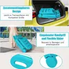 A collage of images showing a turquoise foldable lounge chair being placed in a car trunk, a person holding the chair, and close-ups of its features. Produktbild-Vorschau