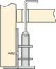 Diagram showing a furniture foot attached to a cabinet with a screw and adjustment mechanism. Produktbild-Vorschau