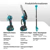 Three garden tools (electric shears, electric chainsaw, and pole pruner) are displayed with their specifications. Produktbild-Vorschau
