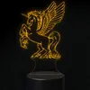 A 3D LED lamp shaped like a winged unicorn, illuminated with an orange glow, set against a black background. Produktbild-Vorschau