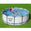 A family is enjoying a Bestway Steel Pro Max pool set on a grassy lawn. Produktbild-Vorschau