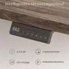 A close-up of an adjustable desk control panel mounted under a wooden desk surface, with feature icons and text below. Produktbild-Vorschau