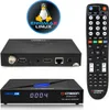 A collage of a black satellite receiver and its remote control, with a Linux logo. Produktbild-Vorschau