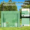 A green polyethylene greenhouse with plants inside, set in a grassy outdoor area with trees in the background. Inset images highlight features like UV protection and waterproofing. Produktbild-Vorschau