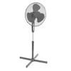 A black and gray oscillating stand fan shown on a white background.