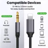 A product image showing an 8-pin to 3.5mm audio adapter cable, with icons and text indicating compatible devices and ports. Anteprima dell’immagine prodotto