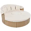 A round, outdoor daybed with a canopy and cushions, set against a white background. Voir les images du produit
