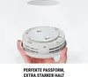 A hand holding a smoke detector with a magnetic mounting plate above it, against a white background. Text is visible at the bottom. Produktbild-Vorschau