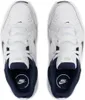 A top-down view of a pair of white Nike athletic shoes with navy blue accents. Voir les images du produit