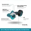 A diagram of a mini circular saw with callouts highlighting its features. Produktbild-Vorschau