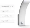 A white LED outdoor light with a motion sensor is shown next to a list of its features. Produktbild-Vorschau