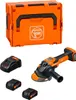 An angle grinder, two batteries, and a storage case are arranged on a white background. Produktbild-Vorschau