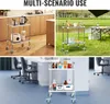 Collage showing a stainless steel rolling cart in three different settings: a kitchen, outdoors, and a laboratory. Podgląd zdjęcia produktu