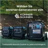 Three inverter generators are displayed outdoors on a grassy surface in front of a wooden fence and trees. Produktbild-Vorschau
