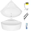 A top-down and side view of a white corner bathtub, along with various plumbing accessories and a tube of silicone sealant. Produktbild-Vorschau