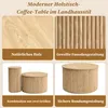 A collage of images showcasing a modern wooden coffee table with different angles and details. Voir les images du produit
