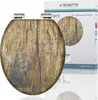 A toilet seat with a wood grain pattern is shown next to its packaging, which displays product information and graphics. Náhled obrázku produktu