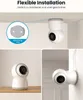 Collage showing a security camera mounted on a ceiling, on a shelf, and on a wall, demonstrating flexible installation options. Produktbild-Vorschau