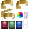 Drei goldene magnetische LED-Wandleuchten, eine Fernbedienung, ein Farbrad, ein USB-Ladekabel und drei Beispiel-Beleuchtungsszenen Náhled obrázku produktu
