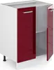 A white kitchen base cabinet with two red high-gloss doors, one of which is open, revealing two shelves inside. The cabinet stands on black legs. Náhled obrázku produktu