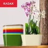 A stack of colorful flower pots next to a potted orchid plant. Produktbild-Vorschau