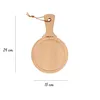 A wooden serving board with a handle and a leather strap, shown against a white background with dimensions indicated. Produktbild-Vorschau