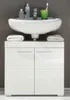 A modern white bathroom vanity with a white sink and faucet on top. Produktbild-Vorschau
