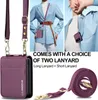 Collage showing a purple leather crossbody phone case with lanyards, and people wearing similar cases. Produktbild-Vorschau
