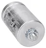 A close-up, slightly angled view of a silver cylindrical capacitor with text and logos printed on its side. The capacitor has a threaded bolt with a nut and washer protruding from one end. Produktbild-Vorschau