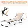 A beige foldable sun lounger with a pillow and a side pocket, shown with a diagram illustrating its adjustable backrest. Produktbild-Vorschau