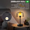 A table lamp with a flame-like light is shown on a side table, with a close-up inset showing the charging port. Anteprima dell’immagine prodotto