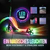 A scooter with LED lights on the wheels and trails of light emanating from it, set against a dark, textured background. There are also four small inset images showing different textures or scenes. Produktbild-Vorschau