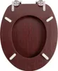 A top-down view of a wooden toilet seat with silver hinges. Produktbild-Vorschau