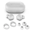 A white charging case and two white wireless earbuds are displayed with several white ear tips and ear hooks. Produktbild-Vorschau