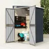 An open garden shed with tools and storage inside, placed outdoors on a paved patio next to greenery. Produktbild-Vorschau