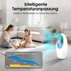 A mother and daughter are playing on the floor in a living room, with a bladeless fan in the background emitting colorful air currents. Náhled obrázku produktu