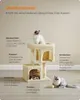 A cat tree with two cats, one on top and one inside a lower cubby, with descriptive text labels pointing to different features. Produktbild-Vorschau
