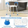 A shower chair is placed in a bathroom next to a bathtub. The image includes close-up insets highlighting product features. Podgląd zdjęcia produktu
