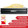 An inflatable mattress with a diagram of a human spine and text highlighting product features. Produktbild-Vorschau