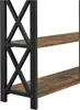 A close-up view of the side of a shelf unit, showing the black metal frame with an 'X' design and a wooden shelf. Produktbild-Vorschau