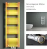 A collage of images showcasing a yellow and orange towel radiator, a bathroom scene with a white bathtub and a white towel radiator on the wall, and a close-up of a white thermostat control. Produktbild-Vorschau