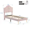 A diagram showing the dimensions of a pink upholstered bed frame. Produktbild-Vorschau