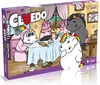 A cartoon illustration of unicorns in a kitchen, baking cookies, on the front of a board game box. Produktbild-Vorschau